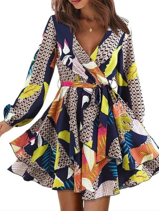 Source Unknown Dresses & Skirts - Colorful Geometric Abstract Wrap Style Swing Skater Belted Dress Size M
